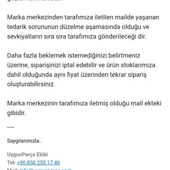 Uygunparca.com Parçamın Tedarik Edilerek Tarafıma İletilmesi