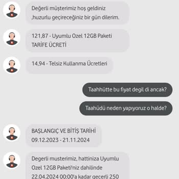 Vodafone Taahhüt Dışı Fatura Göndermesi