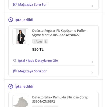N11 Uygulaması DeFacto Sipariş İptali