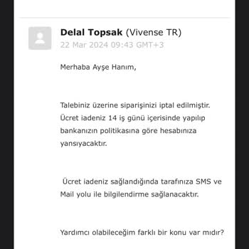 Vivense Sipariş İptali Ücret İademi Yapmıyor