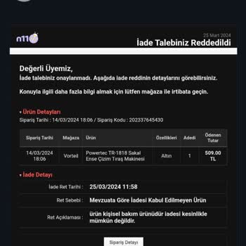N11 Yasal İade Hakkımı Elimizden Alıyor