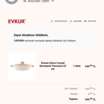 Evkur Alışveriş Ürün İadesi Talebim Ve Ücretimin Hemen Geri İadesi.