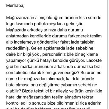 Lacoste Ürün Hatası İade Talebi