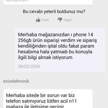 N 11. Com İptal Edilen Siparişin Parası İade Edilmiyor