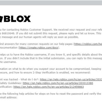 Roblox Destek Ekibi, Otomatik Bot Tarafından Cevap Veriyor.