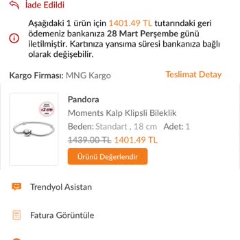 Pandora Mücevher Pandora İadede Fiyat Farkı Ödenmedi