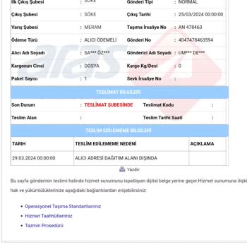Aras Kargo Kargomun Tarafıma Teslim Edilmemesi