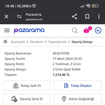 Www.pazarama.com İptal Ettiğim Siparişin Parasını Ödemiyor.