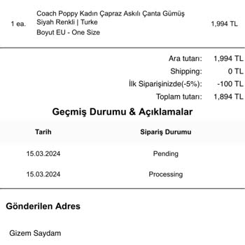 Coach Türkiye Mağazaları Coachturkey.com Alışveriş Yaptım Tarafıma Ulaşmadı