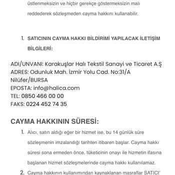 Bursa Halıca Firması İade Olduğunu Belirtmesine Rağmen İade Almıyor
