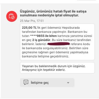 Hepsiburada Hatalı Fiyatlandırma Nedeniyle Sipariş İptali