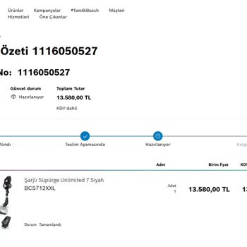 Bosch Home Sitesinden Alınan Ürün Gönderilmiyor