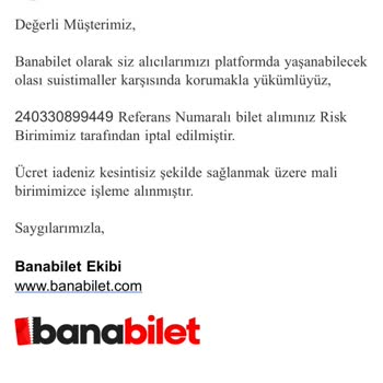 Banabilet.com Ücret İadesi İlgisizlik