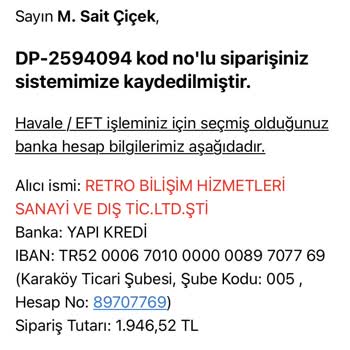 İstanbul Bilişim Tarafıma Ürünümün Veya Bedelinin Ödenmesi