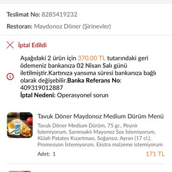 Maydonoz Döner Uzun Bekleyiş Sonrası İptal Olan Sipariş Hayal Kırıklığı
