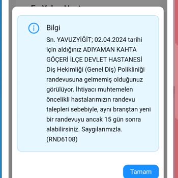 MHRS - 182 15 Gün Randevu Alamama Cezası.