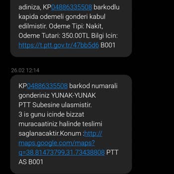 PTT Kargo PTT'dan Gelen Alıcısı Olmadığım Kargo Hakkındaki SMS Bilgilendirmeleri