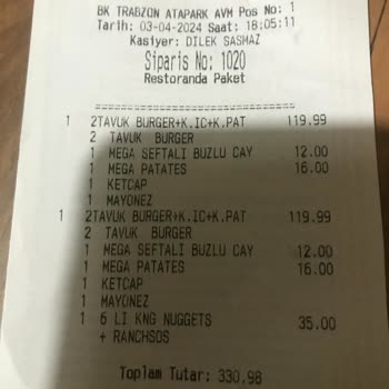 Burger King Siparişte Eksik Ürün