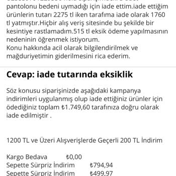 U. S. Polo Assn. İnternet Alışverişinde İade De Eksik Ödeme Yapıldı.