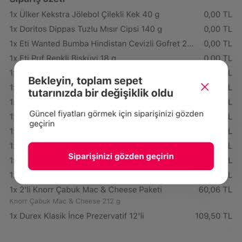 Yemeksepeti Market "sipariş Tutarınızda Bir Değişiklik Oldu" Hatası