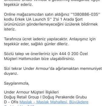 Under Armour - Ürünün Gönderilmeyip İptal Edilmesi!