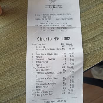 Samsun Bulvar Burger King Pişmemiş Ürün