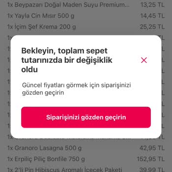 Yemeksepeti Market Sepet Tutarı Değişikliği