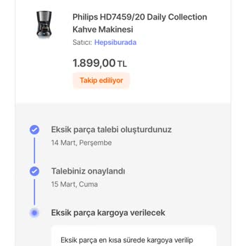 Hepsiburada Kahve Makinesi Eksik Parça Tedarik Etmiyor