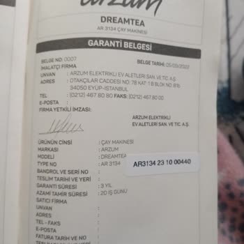 Arzum Çay Demlik Çatladı Garanti Belgesi İse Yaramıyor