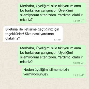 Biletinial'ın SMS Atması Ve Üyeliğimi Silmeme İzin Vermemesi