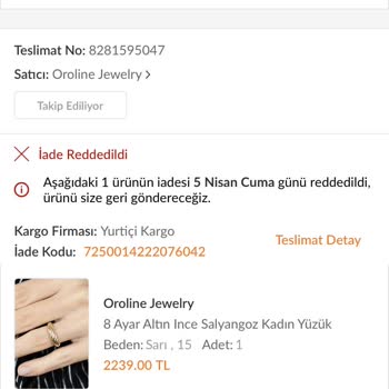 Trendyol Ve Oroline Jewelry Satıcı Beni Mağdur Ediyor