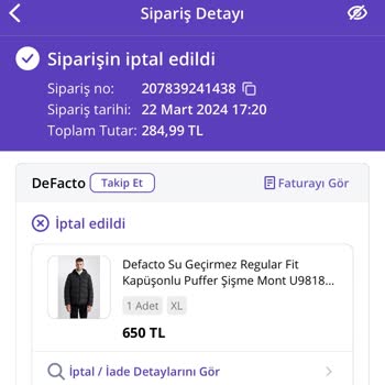 DeFacto Stokta Olduğu Halde Ürünümü İptal Etti