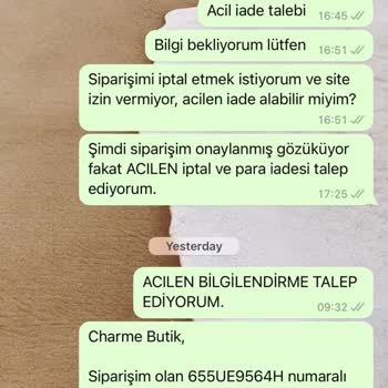 Charmé Butik Paramı Verin- İletişime Geçin - Hukuki İşlemleri Başlattım