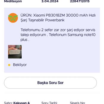 Teknosa.com Sitesi Üzerinden Alınan Garantisiz Xiaomi PB3018ZM Hk.