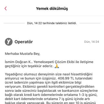 Yemeksepeti Hasarlı Gıdanın İadesinin Yapılmaması