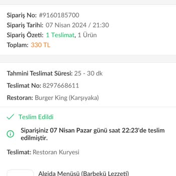 Trendyolgo TAB Burger King Siparişinin Teslim Edilmeden Ücret Alınması
