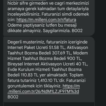 Millenicom Evde İnternet Fatura