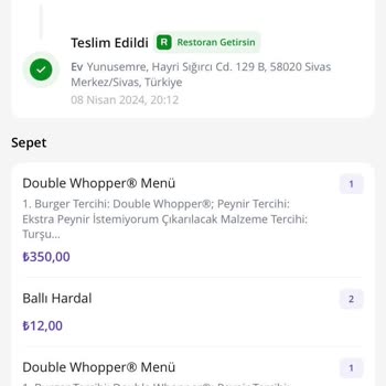 Getir Yemek Burger King Sipariş Eksikliği.