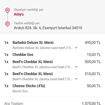 Arby's Yemeksepeti Eksik Siparişim Gelmedi