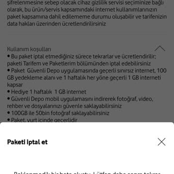 Vodafone 100 GB Güvenli Depo Ek Paketini İptal Etmeye Çalışıyorum İptal Olmuyor!