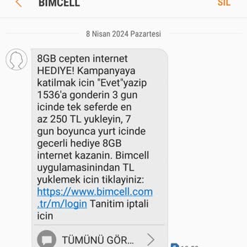 Bimcell 250 TL 8 GB Kampanya İnternet Vermiyor
