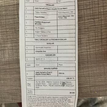 Popeyes Siparişimde Bulunan Büyük Boy Patates Gelmedi