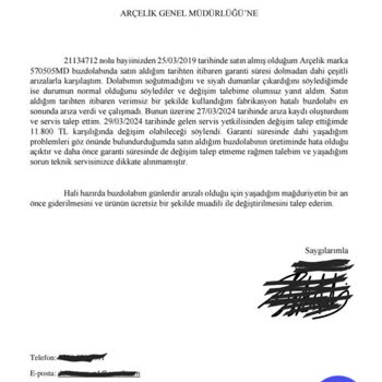 Arçelik Sattığı Ayıplı Ürüne Değişim Parası İstiyor