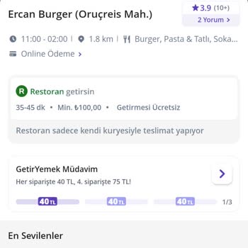 Getir Ercan Burger Oruçreis Şubesi Porsiyon Küçük Ve Aşırı Geç Gelmesi