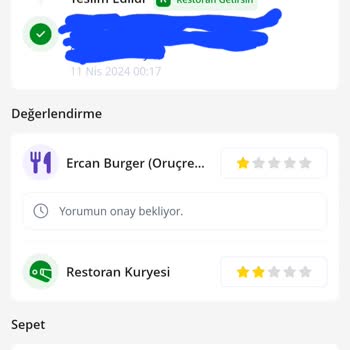 Getir Ercan Burger Oruçreis Şubesi Porsiyon Küçük Ve Aşırı Geç Gelmesi