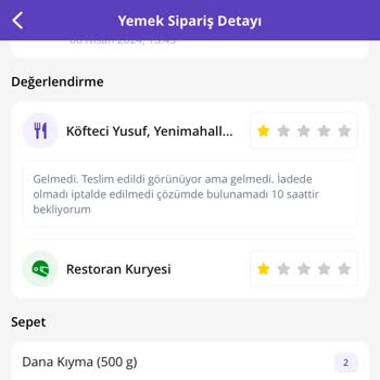 Getir Yemek Köfteci Yusuf Teslim Edilmeyen Sipariş