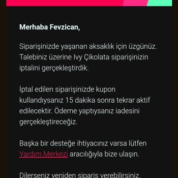 Yemeksepeti Paramı Geri Alamadım