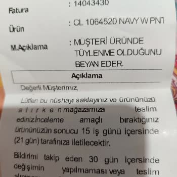 COLİN'S 1 Aylık Pantolon Tüylenmesine İade Red Cevabı