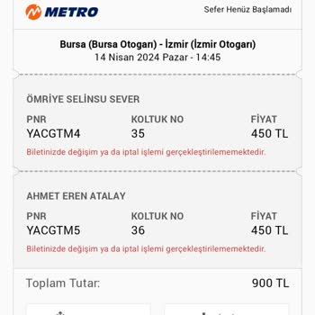Metro Turizm Bileti İptal Ettirmiyor.