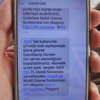 QuizChamp Vodafone Hattına Gelen Aylık 189 TL'lik Abonelik Mesajı